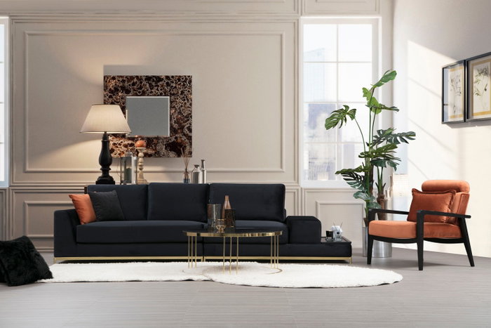 Atelier Del Sofa Sofá de 4 Plazas con Mesa Lateral - Negro y Dorado Atelier Del Sofa Sofá de 4 Plazas con Mesa Lateral - Negro y Dorado